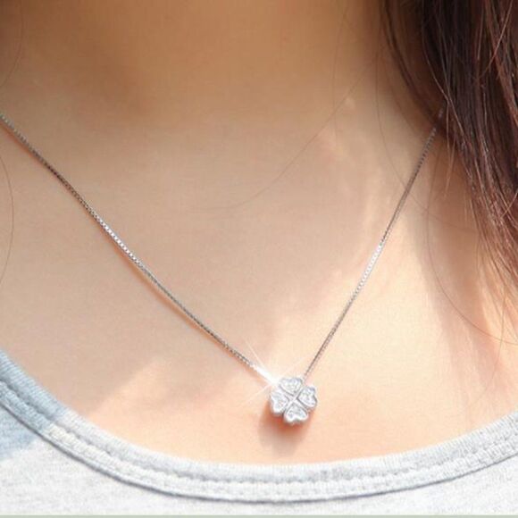 Sterling Silver Four-Leaf Clover Zirconia Pendant Necklace - Picture 5 of 8